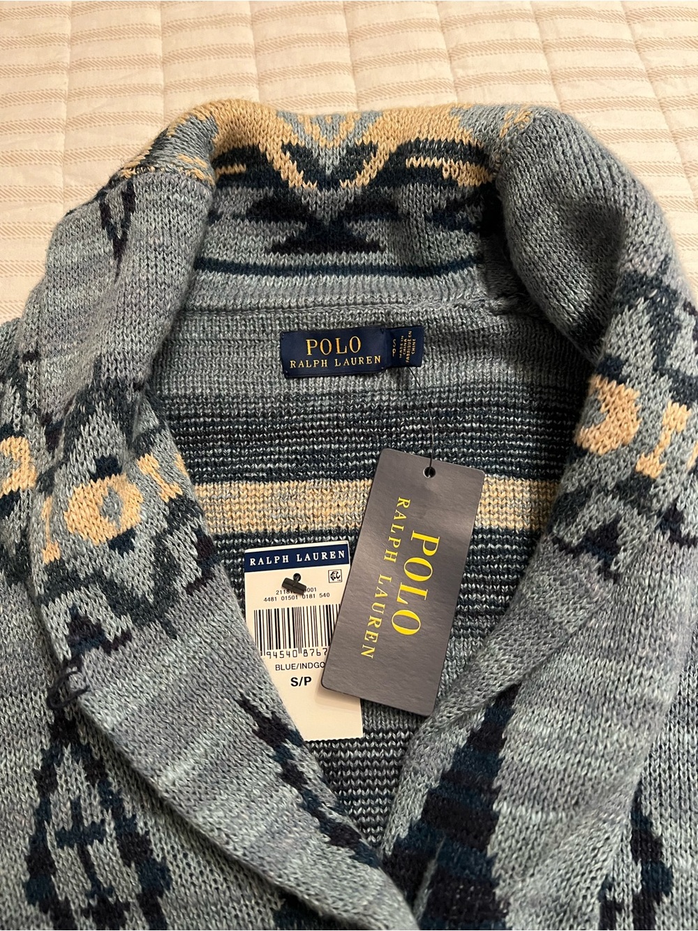 Ralph Lauren Blue and Navy Patterned Shawl-Collar Cardigan - Picture 2 of 9